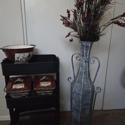 Metal Wheel Tray.$15 New Porcelain  Tuscany  Panini Dishes $15.metal Vase $15.with Arengment