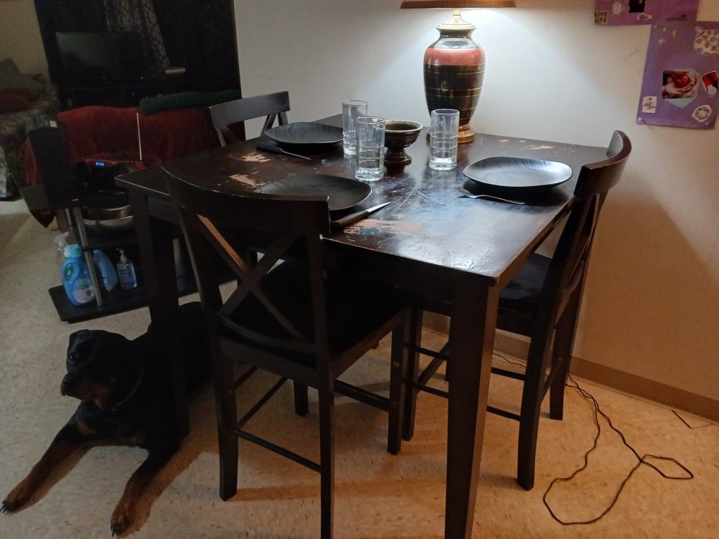 Tall Cherrywood, Kitchen Table, And 3, Tall Kitchen Chairs; Needs a Good Home And Some TLc