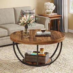 31.5 in. Rustic Brown Round Wood Coffee Table Accent Center Table with Storage Shelf for Living Room