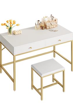 Desk vanity table bench chair home decor staging white wood gold