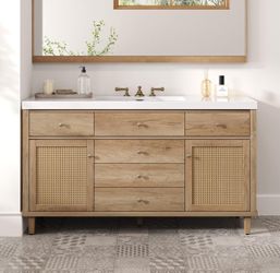 NO TOP VANITY 60" Bathroom Vanity Soft-Close Drawers PE Rattan Front for sale