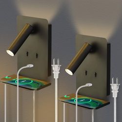 Set of 2 Modern Bed Side Lamp, Black Plug in Wall Mounted Reading Light, USB Port & Shelf