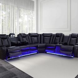 Power Electric Black Leather Fully Reclining Sectional Couch 