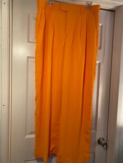 Orange Wide-Leg Pleated Dress Pants