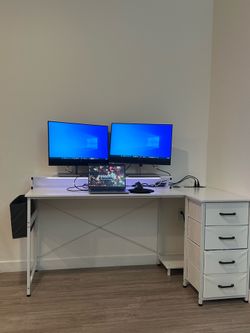 L-Shaped Computer Desk with Drawers & Power Outlets
