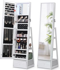 360° Swivel Jewelry Cabinet with Lights, Touch Screen Vanity Mirror, Rotatable Full Length Mirror with Jewelry Storage, Standing Jewelry Armoire Organ
