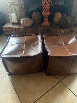 Set of 2 Brown Leather Ottoman Poufs