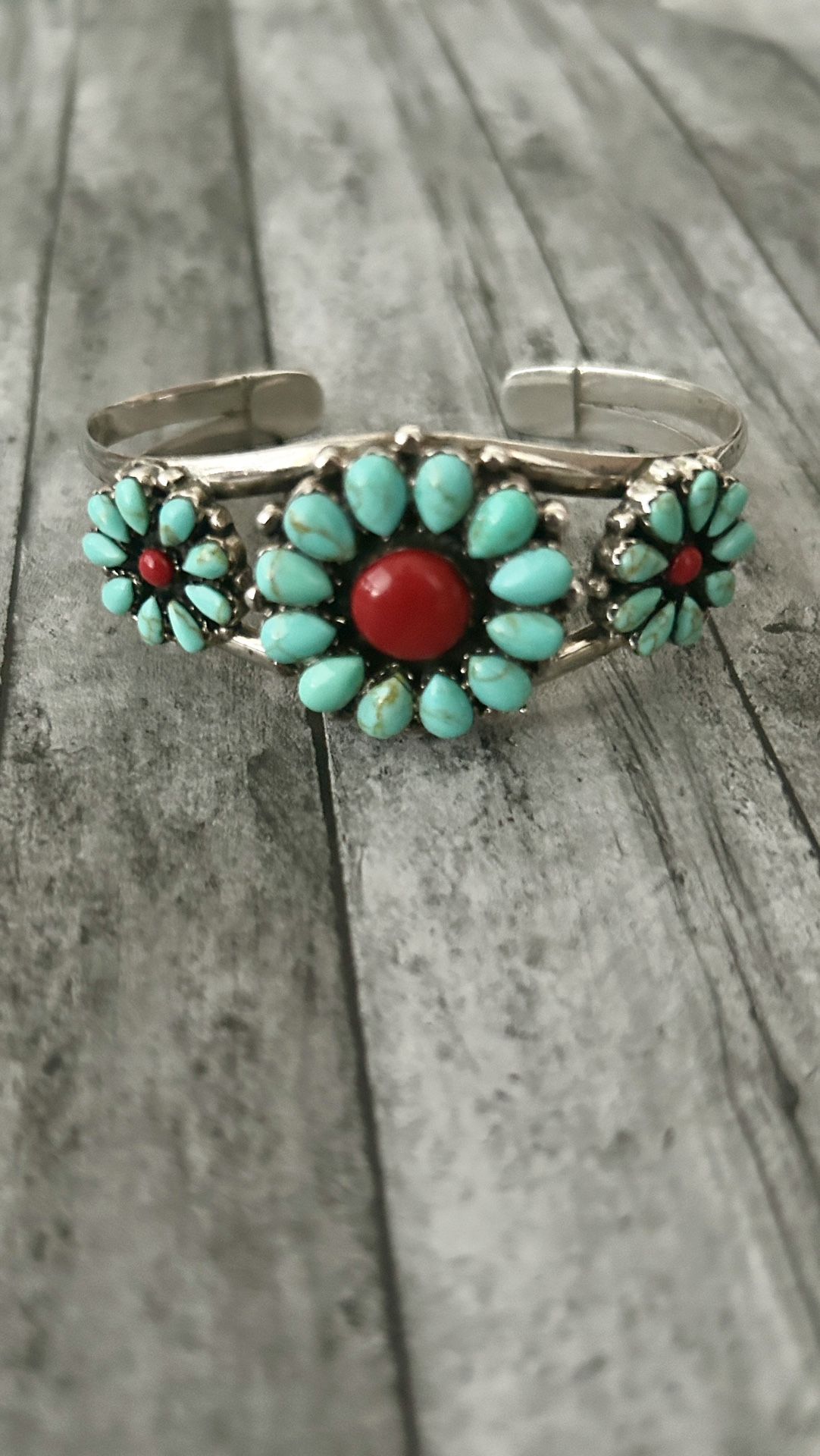 Beautiful Turquoise & Coral Flower Cuff 925 Bracelet