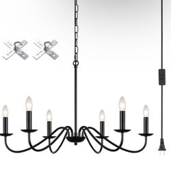 Plug in Farmhouse Chandelier Black 6 Lights Plug in Pendant Light Hanging Lights with Plug in Cord 15.1ft & Switch