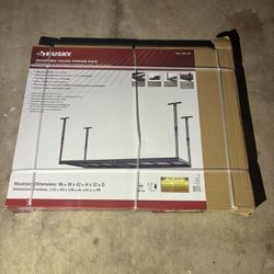 Husky 97.5 in. W x 43.75 in. H x 32 in. D Adjustable Height Metal Heavy-Duty Overhead Garage Storage Rack in Black 