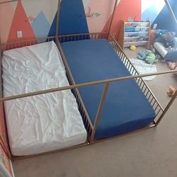 Metal Twin Size House Canopy Bed, 2-in-1 Platform Beds for Kids Teens Room, Gold