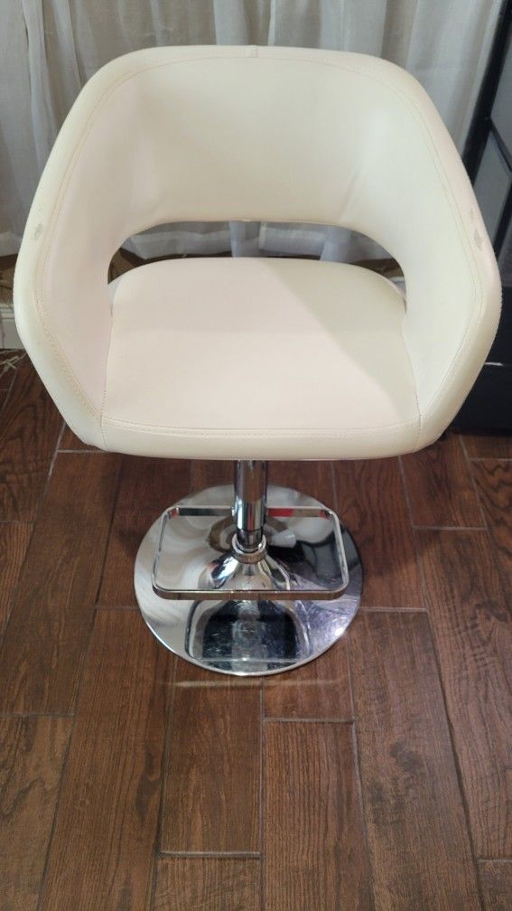 Adjustable Height Barstool with Footrest and Rounded Mid-Back, Upholstered Bar or Counter Height Stool, White/Chrome