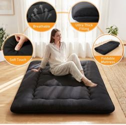 Black Memory Foam Tatami Futon Mattress Foldable Floor Bed Set - Queen - black