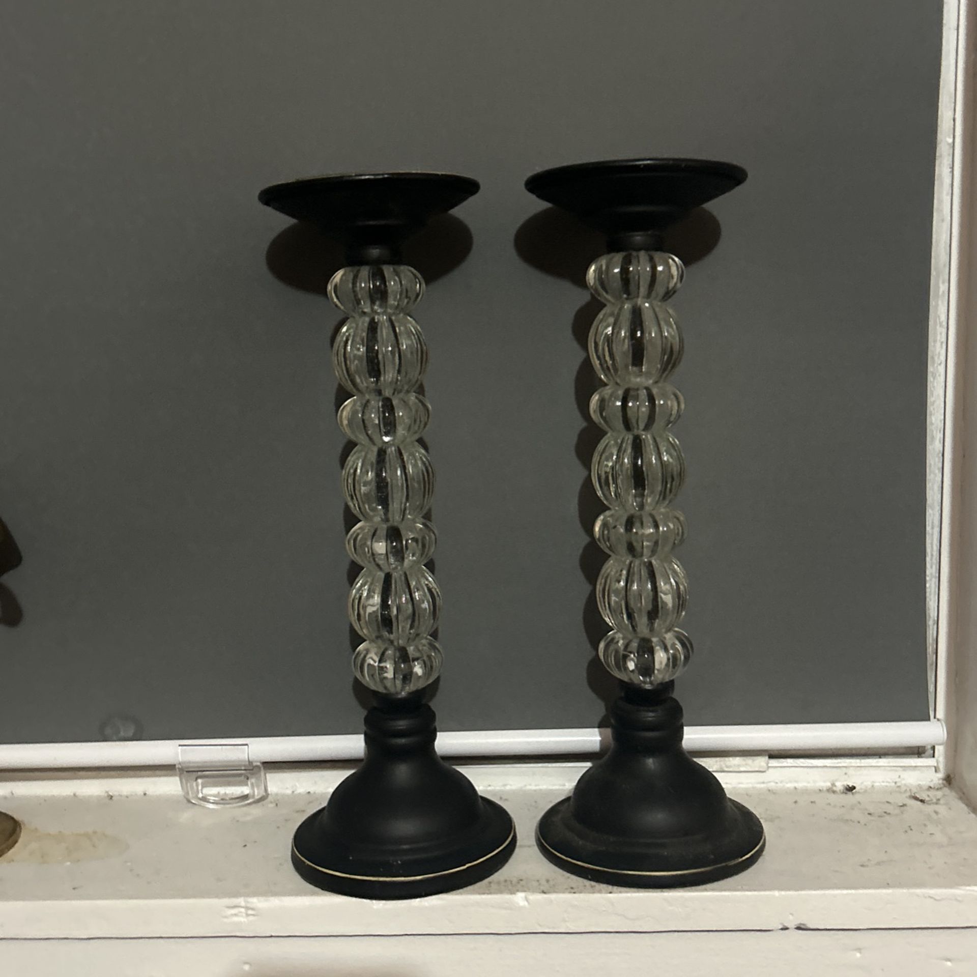 2 LRG decorative 14” Tall Pillar Candle Stick Holders Black w/ Clear Acrylic Ball 