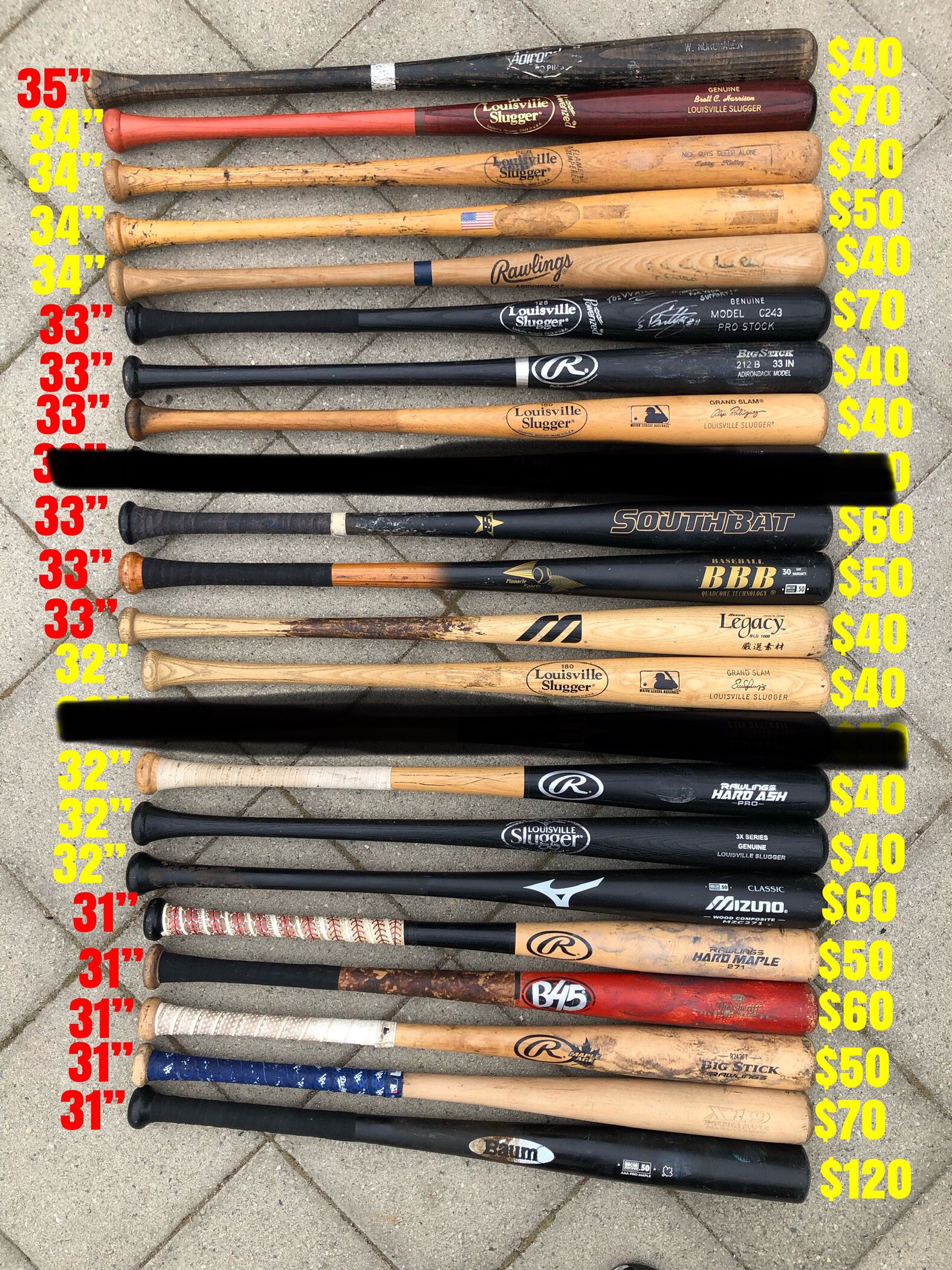 Baseball Wood Bats Sizes And Prices Are Labeled In The Picture Have More Baseball And Softball Equipment Available 