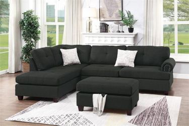 3 Pieces Reversible Sectional Sofa Set W/ Ottoman- Ash Black Color