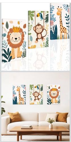 Brand New Safari Nursery Wall Art Set – 3 Framed Animal Canvas Prints