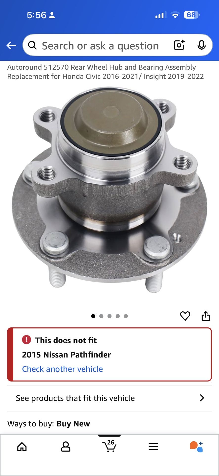 Autoround 512570 Rear Wheel Hub and Bearing Assembly Replacement for Honda Civic 2016-2021/ Insight 2019-2022
