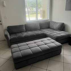Dark Grey Suede Sectional With Large Ottoman 