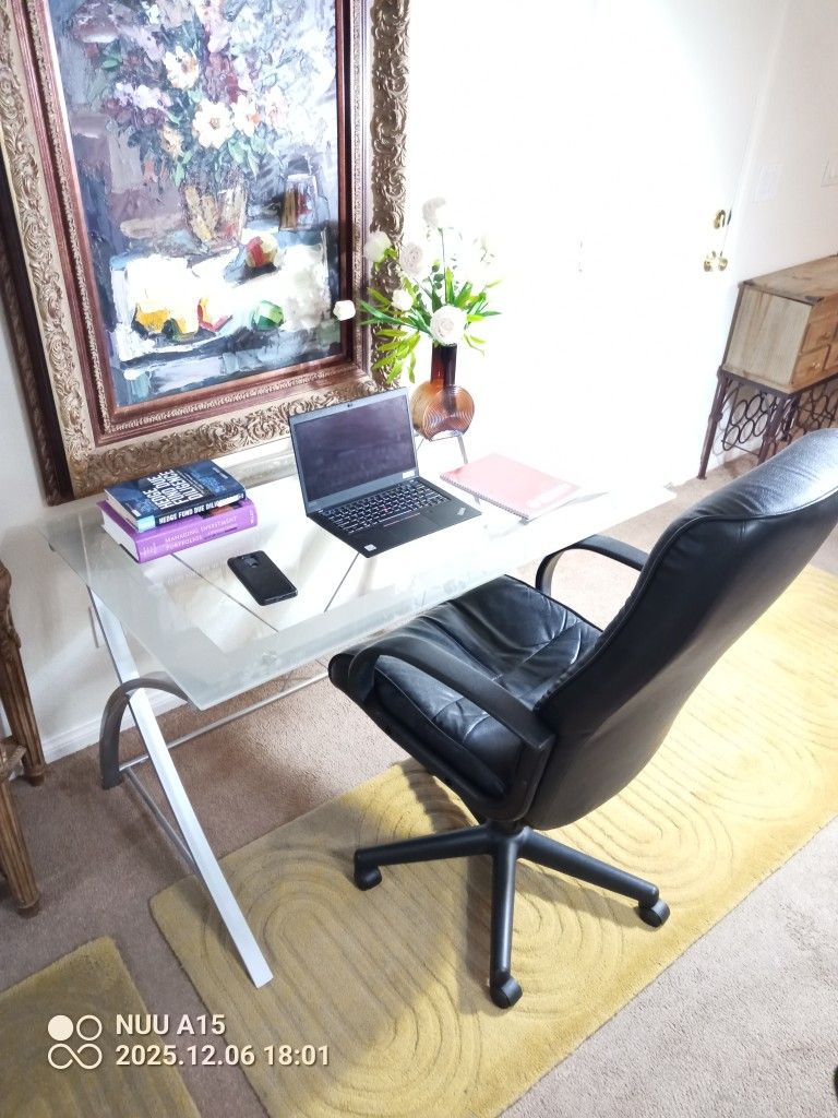 Nice Glass Top Metal Frame Desk With An Adjustable Office Chair. Desk Is 48"Wx28"Dx29H