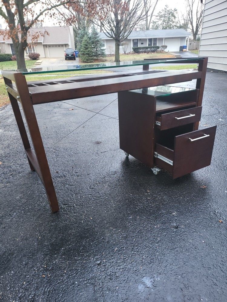 Crate & Barrel Desk w/ Glass Top, Sliding Drawer, and Matching File Cabinet 