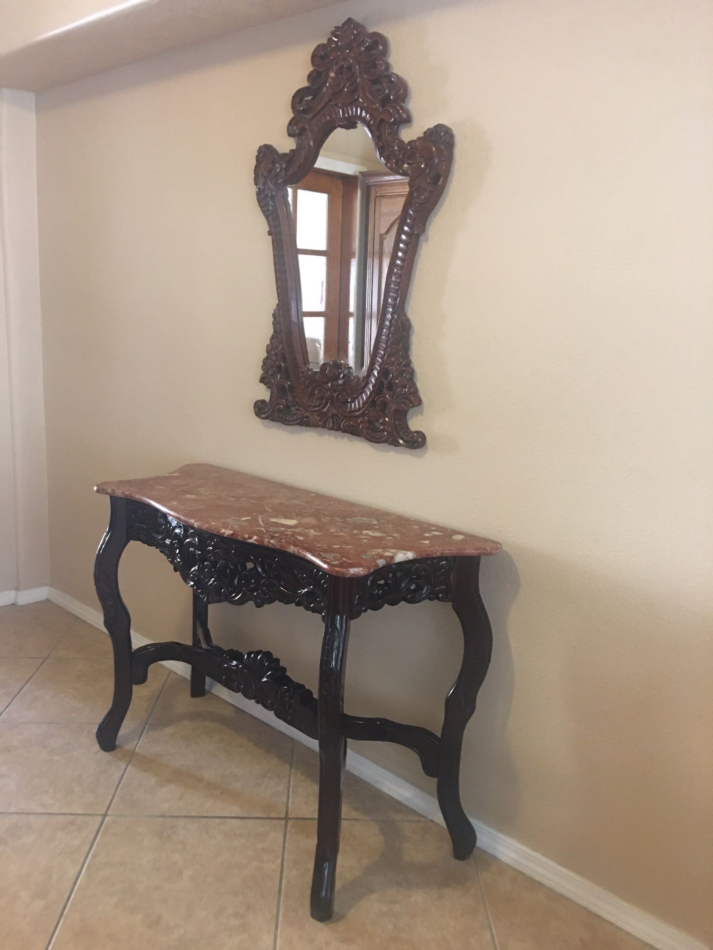 Hand Carved Entry Way Table/Vanity With Hand Carved Mirror