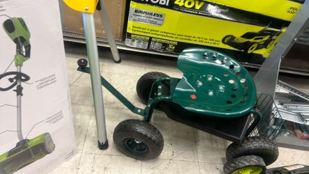 Metal Rolling Garden Cart Wagon Scooter with 360° Swivel Seat and Storage Tray and Basket Green