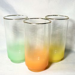 Vintage Blendo Frosted 16-oz Gold Rimmed Tumblers Orange Yellow Green  Set of 3