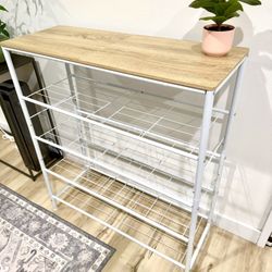 Brand New Wood Top Shoe Rack or Storage Shelf – White Metal Frame