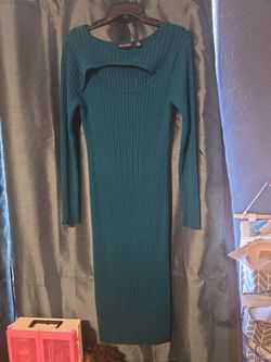 Nina Leonard Teal Ribbed Knit Midi Dress
