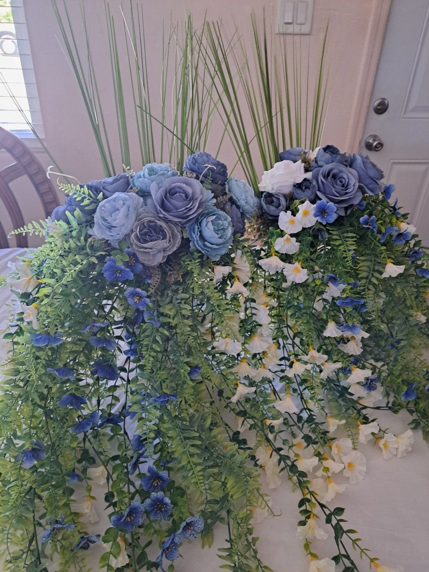 Flower Arrangement In Dusty Blue Theme