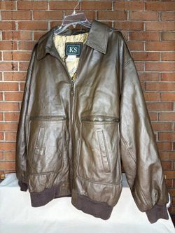 KS Mens Brown Leather Bomber Jacket Size L Ribbed Trim EUC