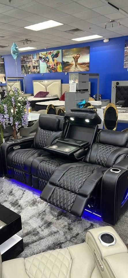 2 Piece Power Reclining Original Black Leather with LED Light Living Room Set