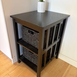 Wood And Rattan End Table Storage Shelf Black