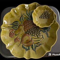 Vintage MCM 1967 California Pottery Green Serving Plate W/  Attached Dip Bowl—Fruit Motif