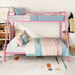 Twin over Full Metal Bunk Bed with Secured Ladders, Pink 