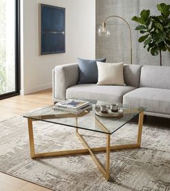 West Elm Mid Century Modern Brass X-Base Glass Coffee Table