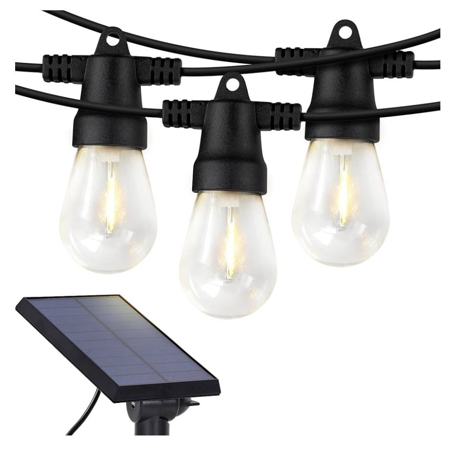 Solar Powered Outdoor String Lights, 48 ft Commercial Grade Waterproof Patio Lights, 15 Edison Bulbs, Shatterproof LED String Lights for Outside