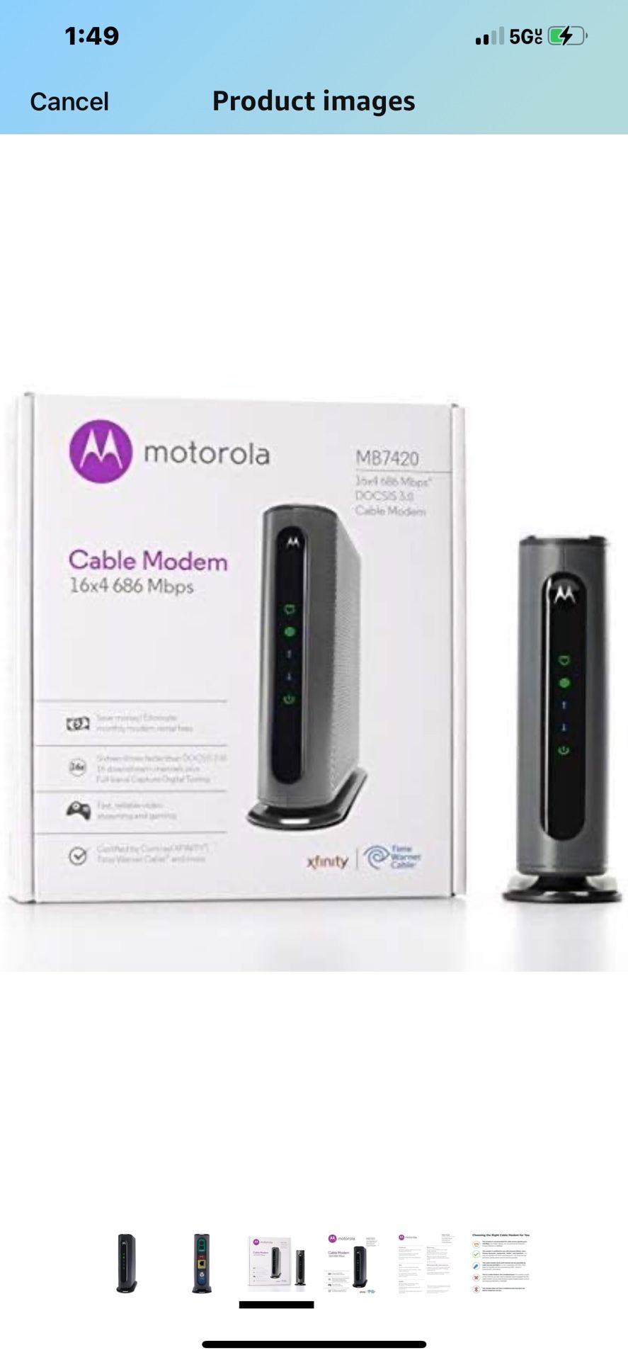 MOTOROLA 16x4 Cable Modem, Model MB7420, 686 Mbps DOCSIS 3.0, Certified by Comcast XFINITY, Charter Spectrum, Time Warner Cable, Cox, BrightHouse, and