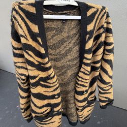 INC International Concepts Animal Print Knit Cardigan Sweater Brown Black Women