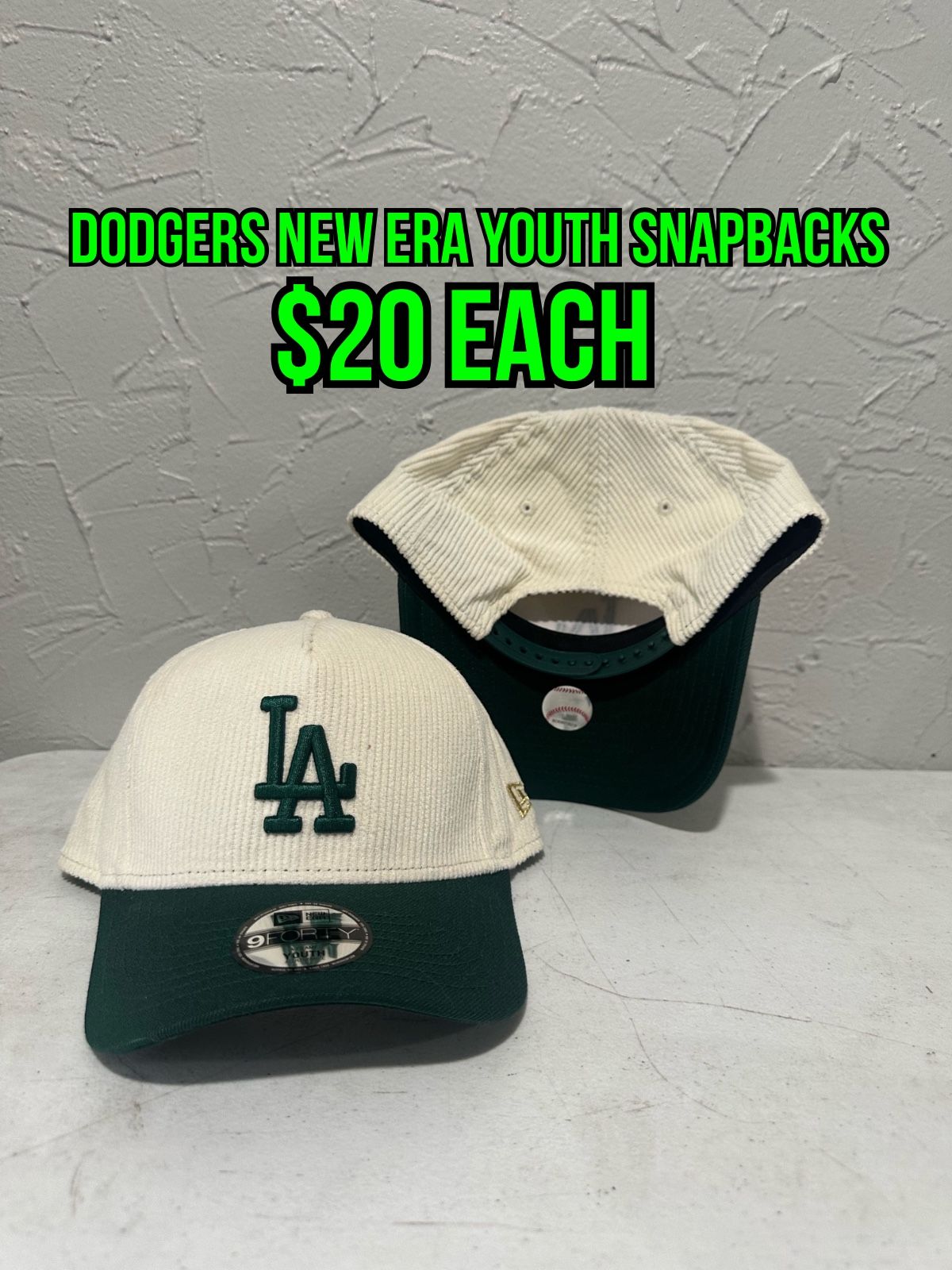 MLB New Era Los Angeles Dodgers Off White Green Corduroy YOUTH 9forty SnapBack Hats