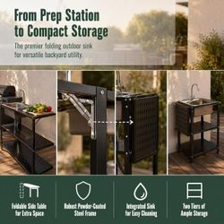 Outdoor stainless steel sink workstation with sink, foldable side table, and three-tier storage rack.