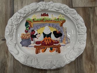 Vintage Disney Christmas Ceramic Serving Platter Mickey Minnie Santa's Workshop