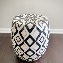 Gorgeous Modern Indoor Stool Or Side Table Black And White Marble Inlay Geometric Pattern By High End Designer Made Goods Caspian Pattern Stool