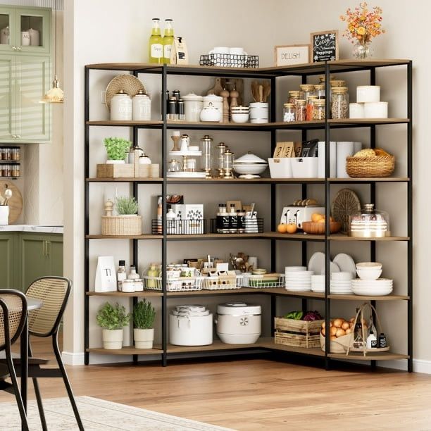 10-Tiers Corner Bookcase with Curved Panels, Industrial Bookcases and Bookshelves, L Shaped Shelf with Metal Frame for Open Storage for Living Room Ho