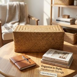 Vintage Asian Split-Bamboo Herringbone Nesting Trunk Box – Interlocking Storage Basket
