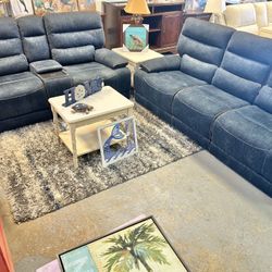 Like New Blue Jean Denim Electric Dual Reclining Couch And Loveseat With Electric Headrests And Quad USB 