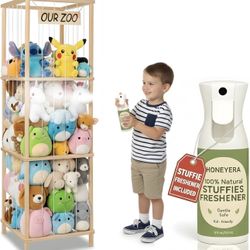 New-Stuffed Animal Storage & Organizer with Stuffies Freshener™ Spray, Wooden Cute Zoo Toy Holder for Toddler Rooms, Playrooms & Bedrooms