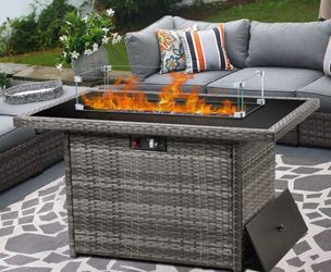 44" Propane Gas Fire Pit Table, 55000 BTU Rectangular Fire Pit with Glass Wind Guard for Outside Patio Deck Garden Backyard