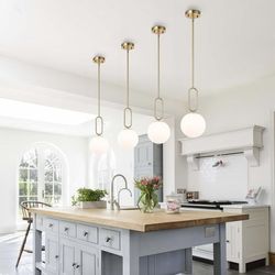 Modern Style Globe Pendant Lights, Brushed Gold Finish, Adjustable Rods, Set of 2
